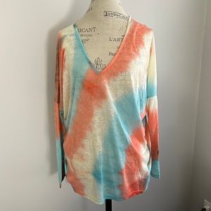La Miel V neck & Back Orange Teal Cream & Brown  Swirled Long Sleeve Tunic Top